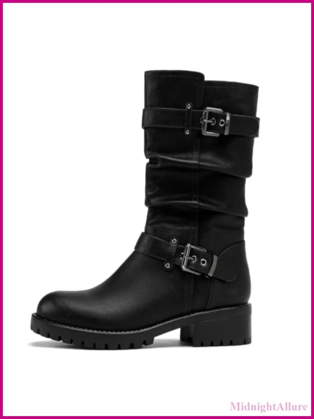 Wide Width Mid Calf Motorcycle Boots Faux Leather Slouch Biker Boots